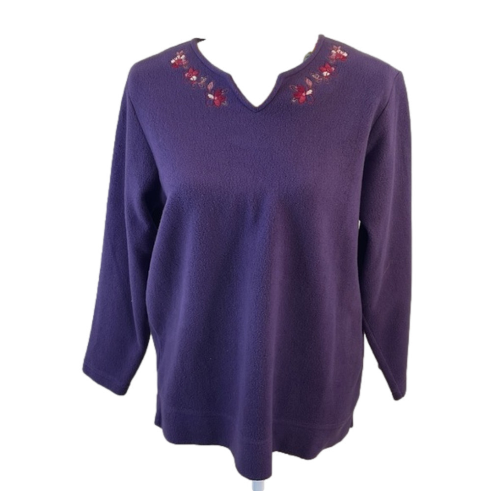 LL Bean ~ Soft Fleece Pullover Blouse Floral Stitching